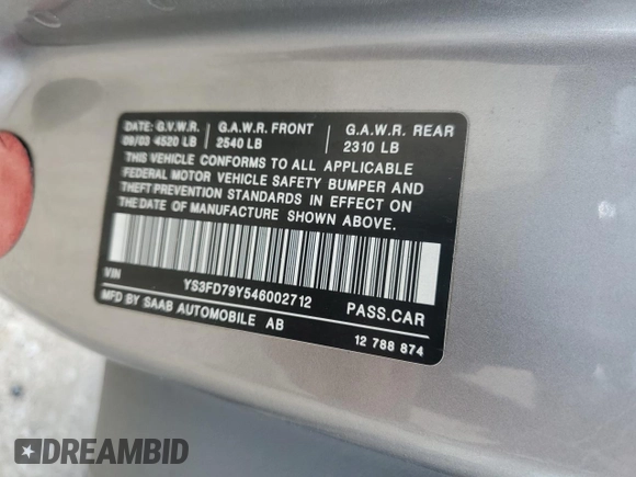 2004 Saab 9-3 Arc z VIN YS3FD79Y546002712, wystawiony jako Copart lot #73873404 z przebiegiem Nie podano mil oraz Szkody całkowita. Historia ofert i sprzedaży dostępna na DreamBid. Obrazek 13.