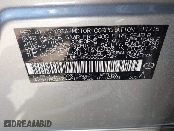 2016 Lexus IS 350 with VIN JTHBE1D20G5026749, listed as a IAAI auction lot 41990150 with 89,946 mi miles and . Bid and sale history available at DreamBid. Image 9.