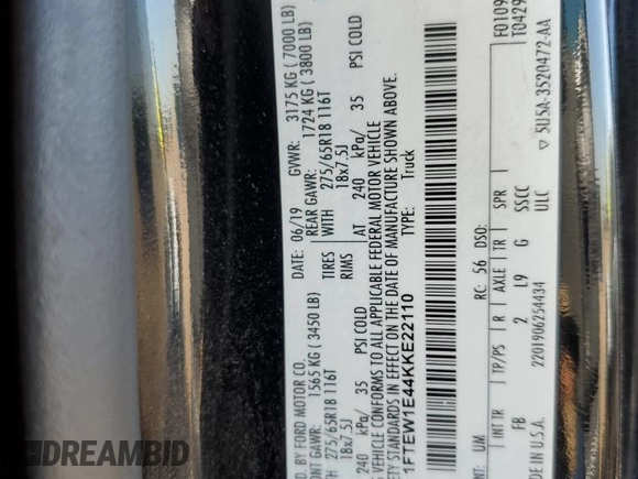 2019 Ford F-150 XL with VIN 1FTEW1E44KKE22110, listed as a Copart auction lot 61221835 with 111,308 mi miles and Clean title. Bid and sale history available at DreamBid. Image 12.