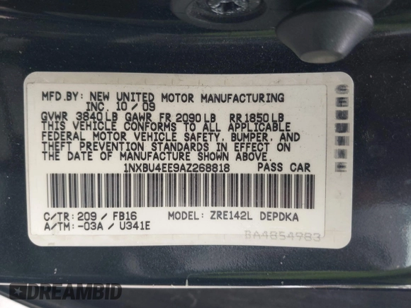 2010 Toyota Corolla with VIN 1NXBU4EE9AZ268818, listed as a IAAI auction lot 42058417 with 115,124 mi miles. Bid and sale history available at carsss.com. Image 9.