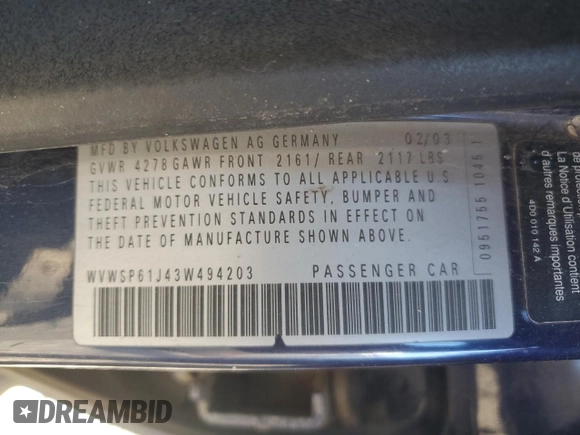2003 Volkswagen Jetta с VIN WVWSP61J43W494203, выставлен на аукционе Copart как лот 41892785 с пробегом 274 284 миль миль и Чистый • Clean title. История ставок и продаж доступна на DreamBid. Изображение 13.