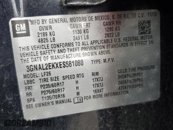 2014 Chevrolet Captiva Sport LS with VIN 3GNAL2EKXES581080, listed as a Copart auction lot 51545405 with 157,723 mi miles and Salvage Title. Bid and sale history available at DreamBid. Image 13.