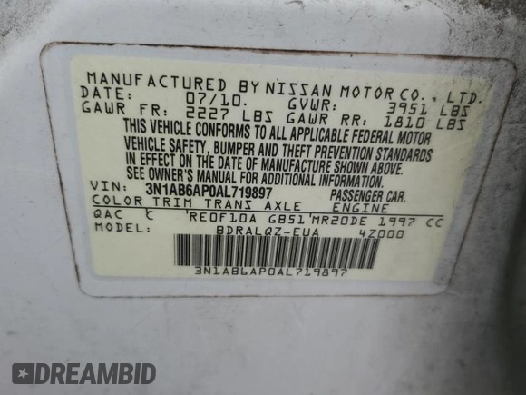 2010 Nissan Sentra SR with VIN 3N1AB6AP0AL719897, listed as a Copart auction lot 54283955 with 152,008 mi miles and Clean Title. Bid and sale history available at DreamBid. Image 12.