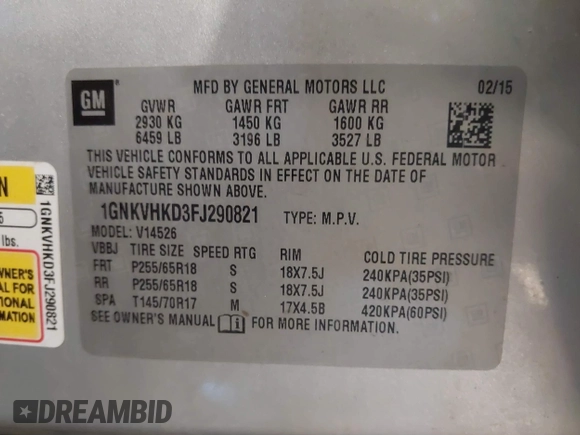 2015 Chevrolet Traverse LT with VIN 1GNKVHKD3FJ290821, listed as a IAAI auction lot 41496009 with 191,694 mi miles and . Bid and sale history available at DreamBid. Image 9.