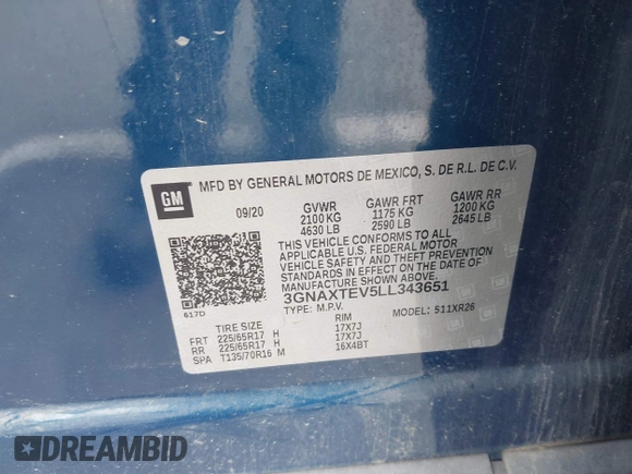 2020 Chevrolet Equinox LT с VIN 3GNAXTEV5LL343651, выставлен на аукционе IAAI как лот 42741933 с пробегом 14 097 миль миль и . История ставок и продаж доступна на DreamBid. Изображение 9.