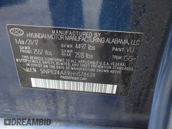 2017 Hyundai Sonata 2.4L with VIN 5NPE24AF9HH578638, listed as a IAAI auction lot 42100003 with 20,261 mi miles and . Bid and sale history available at DreamBid. Image 9.