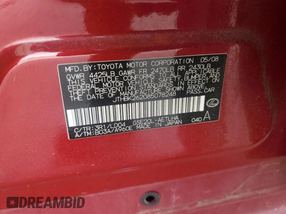 2008 Lexus IS 250 with VIN JTHBK262085078248, listed as a Copart auction lot 62390125 with 132,231 mi miles and Salvage title. Bid and sale history available at DreamBid. Image 12.