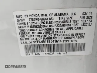 2014 Honda Pilot Touring with VIN 5FNYF4H91EB041614, listed as a IAAI auction lot 42050405 with 158,236 mi miles and . Bid and sale history available at DreamBid. Image 9.