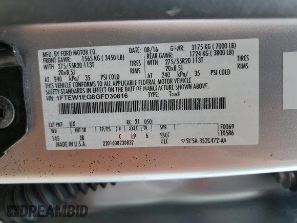 2016 Ford F-150 XLT with VIN 1FTEW1EG8GFD30816, listed as a Copart auction lot 58618685 with 178,748 mi miles and Salvage title. Bid and sale history available at DreamBid. Image 13.