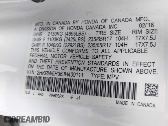 2018 Honda CR-V LX with VIN 2HKRW5H36JH409111, listed as a IAAI auction lot 42133939 with 105,511 mi miles and . Bid and sale history available at DreamBid. Image 9.