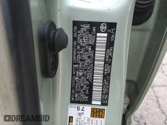 2006 Toyota Prius with VIN JTDKB20U267510495, listed as a Copart auction lot 52791325 with 146,133 mi miles and Salvage Title. Bid and sale history available at DreamBid. Image 12.