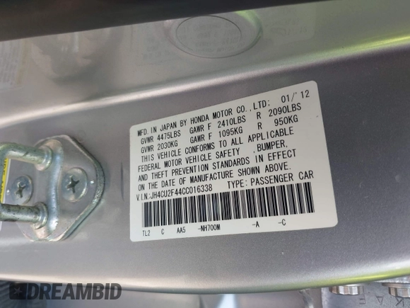 2012 Acura TSX with VIN JH4CU2F44CC016338, listed as a IAAI auction lot 42425648 with 129,090 mi miles and . Bid and sale history available at DreamBid. Image 9.