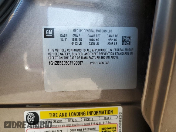 2012 Chevrolet Malibu 1LS with VIN 1G1ZB5E05CF190007, listed as a Copart auction lot 49000315 with Not Provided miles and Salvage Title. Bid and sale history available at DreamBid. Image 14.