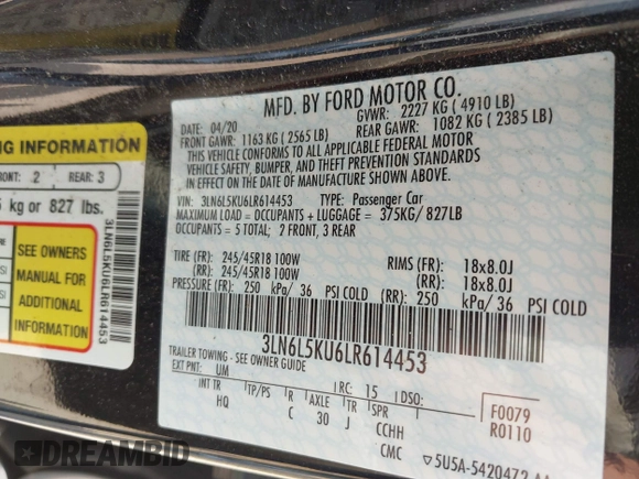 2020 Lincoln MKZ Hybrid Premiere with VIN 3LN6L5KU6LR614453, listed as a IAAI auction lot 42440643 with 76,384 mi miles and . Bid and sale history available at DreamBid. Image 9.