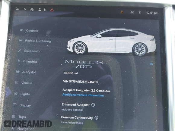 2018 Tesla Model S 75D with VIN 5YJSA1E25JF245269, listed as a IAAI auction lot 41914567 with 56,086 mi miles and . Bid and sale history available at DreamBid. Image 7.