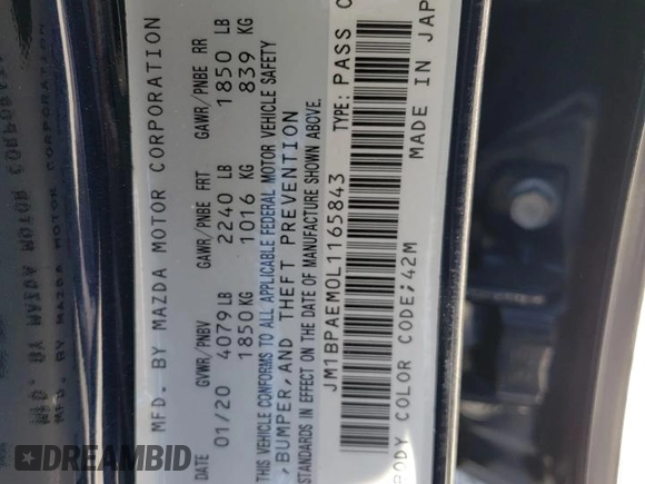 2020 Mazda 3 Premium with VIN JM1BPAEM0L1165843, listed as a Copart auction lot 57572933 with Not provided miles and . Bid and sale history available at DreamBid. Image 15.