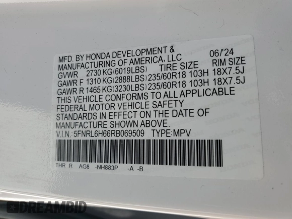 2024 Honda Odyssey EX-L with VIN 5FNRL6H66RB069509, listed as a Copart auction lot 47198505 with 3,341 mi miles and Salvage Title. Bid and sale history available at DreamBid. Image 13.