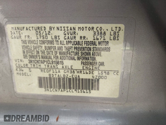2012 Nissan Versa SL with VIN 3N1CN7AP1CL915615, listed as a IAAI auction lot 42383857 with 179,194 mi miles and . Bid and sale history available at DreamBid. Image 9.