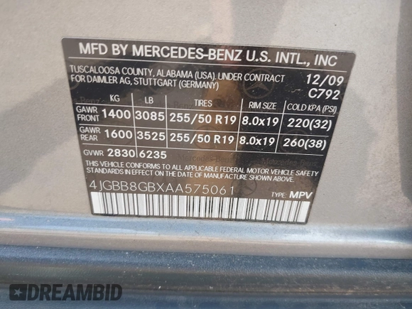 2010 Mercedes-Benz M 350 with VIN 4JGBB8GBXAA575061, listed as a IAAI auction lot 42212656 with 194,718 mi miles and . Bid and sale history available at DreamBid. Image 9.