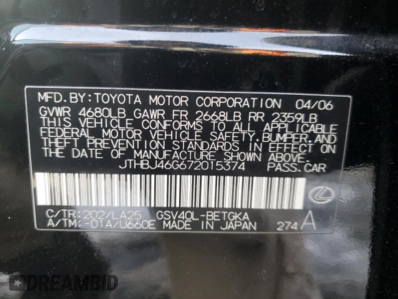 2007 Lexus ES 330 with VIN JTHBJ46G672015374, listed as a Copart auction lot 88010815 with 253,974 mi miles and Salvage Title. Bid and sale history available at DreamBid. Image 12.