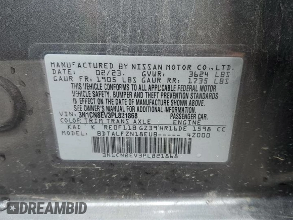 2023 Nissan Versa SV with VIN 3N1CN8EV3PL821868, listed as a Copart auction lot 56916735 with 50,679 mi miles and Salvage title. Bid and sale history available at DreamBid. Image 12.