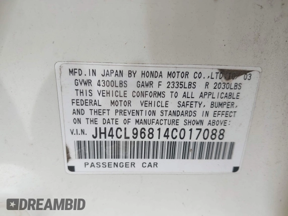 2004 Acura TSX with VIN JH4CL96814C017088, listed as a IAAI auction lot 42753492 with 114,486 mi miles and . Bid and sale history available at DreamBid. Image 9.