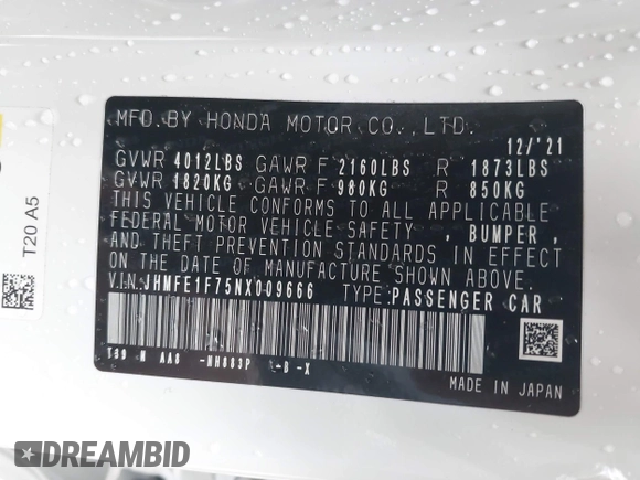 2022 Honda Civic EX with VIN JHMFE1F75NX009666, listed as a IAAI auction lot 42274513 with 25,290 mi miles and . Bid and sale history available at DreamBid. Image 9.