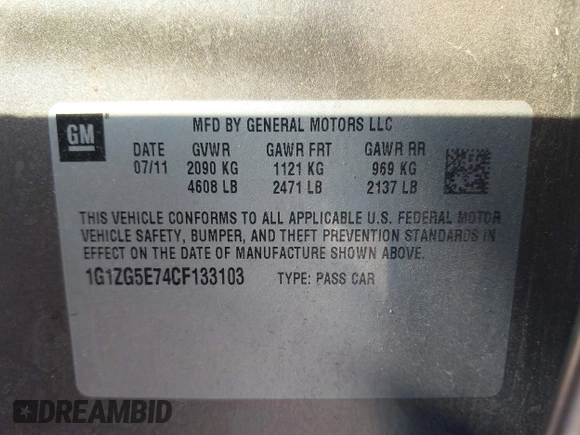 2012 Chevrolet Malibu LTZ with VIN 1G1ZG5E74CF133103, listed as a IAAI auction lot 41640075 with 173,692 mi miles and . Bid and sale history available at DreamBid. Image 9.