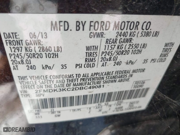 2013 Ford Edge Limited with VIN 2FMDK3KC2DBC49081, listed as a IAAI auction lot 41424550 with 121,258 mi miles. Bid and sale history available at carsss.com. Image 9.