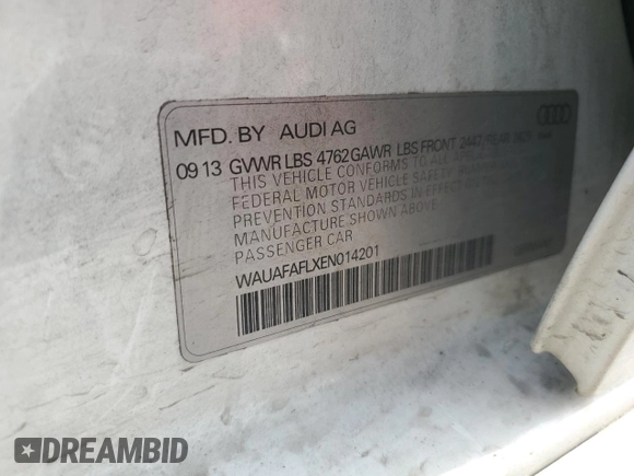 2014 Audi A4 Premium with VIN WAUAFAFLXEN014201, listed as a Copart auction lot 55727995 with 110,350 mi miles and Salvage title. Bid and sale history available at DreamBid. Image 12.