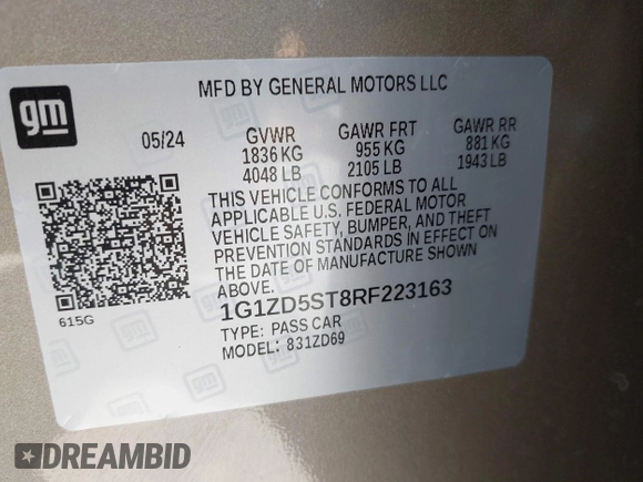 2024 Chevrolet Malibu LT with VIN 1G1ZD5ST8RF223163, listed as a IAAI auction lot 42051537 with 24,577 mi miles and . Bid and sale history available at DreamBid. Image 9.
