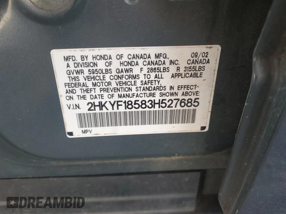 2003 Honda Pilot EX with VIN 2HKYF18583H527685, listed as a Copart auction lot 51759885 with 289,615 mi miles and Salvage Title. Bid and sale history available at DreamBid. Image 13.