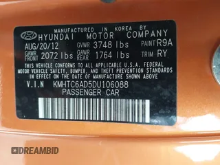 2013 Hyundai Veloster RE:MIX with VIN KMHTC6AD5DU106088, listed as a IAAI auction lot 41904678 with 213,478 mi miles and . Bid and sale history available at DreamBid. Image 9.