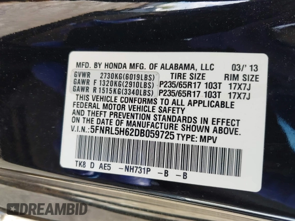 2013 Honda Odyssey EX-L с VIN 5FNRL5H62DB059725, выставлен на аукционе IAAI как лот 42326858 с пробегом 152 251 миль миль и . История ставок и продаж доступна на DreamBid. Изображение 9.