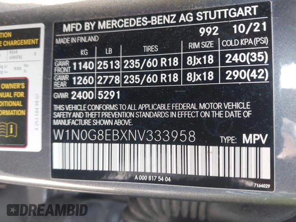 2022 Mercedes-Benz GLC 300 with VIN W1N0G8EBXNV333958, listed as a IAAI auction lot 41749098 with 45,935 mi miles and . Bid and sale history available at DreamBid. Image 9.