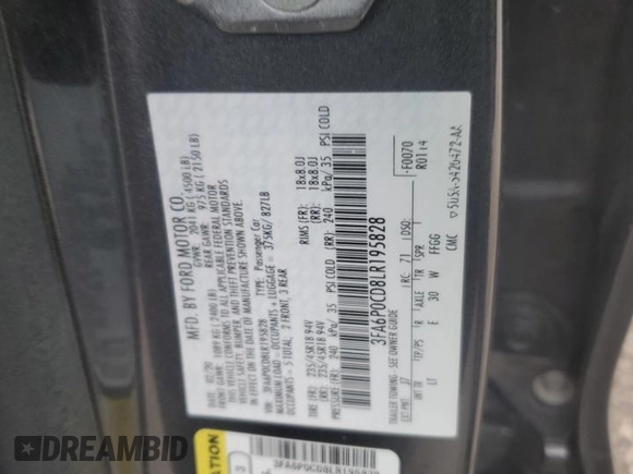 2020 Ford Fusion SEL with VIN 3FA6P0CD8LR195828, listed as a Copart auction lot 55522305 with 163,959 mi miles and Salvage title. Bid and sale history available at DreamBid. Image 12.