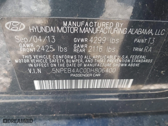 2013 Hyundai Sonata GLS with VIN 5NPEB4AC0DH806400, listed as a IAAI auction lot 42060532 with 124,735 mi miles. Bid and sale history available at carsss.com. Image 9.