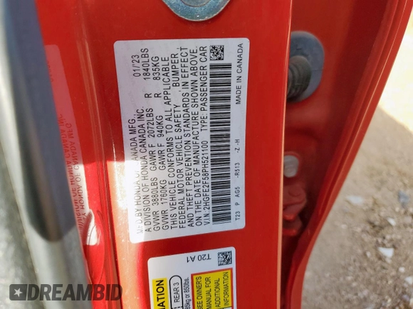 2023 Honda Civic Sport с VIN 2HGFE2F58PH521100, выставлен на аукционе Copart как лот 58333255 с пробегом 23 778 миль миль и Списание • Salvage title. История ставок и продаж доступна на DreamBid. Изображение 12.