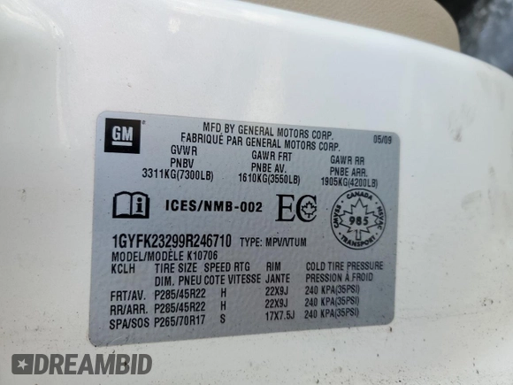 2009 Cadillac Escalade z VIN 1GYFK23299R246710, wystawiony jako Copart lot #41768465 z przebiegiem 110 225 mil mil oraz Czysty tytuł • Clean title. Historia ofert i sprzedaży dostępna na DreamBid. Obrazek 14.