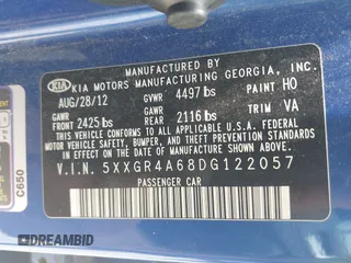 2013 Kia Optima SX with VIN 5XXGR4A68DG122057, listed as a IAAI auction lot 42421160 with 219,965 mi miles and . Bid and sale history available at DreamBid. Image 9.