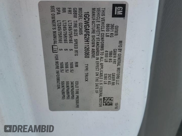2017 Chevrolet Express Cargo with VIN 1GCWGAFG2H1126060, listed as a Copart auction lot 61141235 with 107,767 mi miles and Salvage title. Bid and sale history available at DreamBid. Image 13.