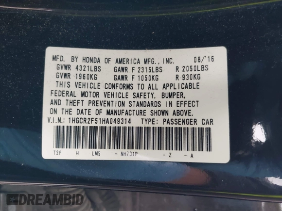2017 Honda Accord Sedan Sport with VIN 1HGCR2F51HA049314, listed as a IAAI auction lot 42074357 with 147,914 mi miles. Bid and sale history available at carsss.com. Image 9.