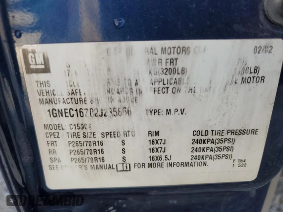 2002 Chevrolet Suburban LT with VIN 1GNEC16Z02J235866, listed as a Copart auction lot 60727825 with Not provided miles and Non repairable. Bid and sale history available at DreamBid. Image 14.