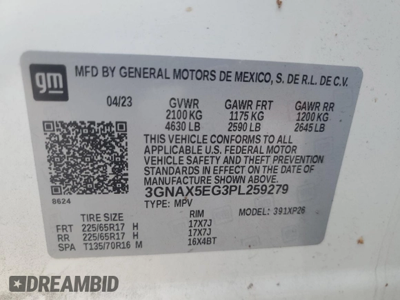 2023 Chevrolet Equinox LS with VIN 3GNAX5EG3PL259279, listed as a Copart auction lot 78233414 with 57,372 mi miles and Salvage title. Bid and sale history available at DreamBid. Image 12.
