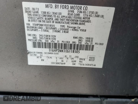 2014 Ford Police Interceptor с VIN 1FAHP2MK1EG118505, выставлен на аукционе Copart как лот 47660705 с пробегом Не указан миль и Чистый • Clean title. История ставок и продаж доступна на DreamBid. Изображение 13.