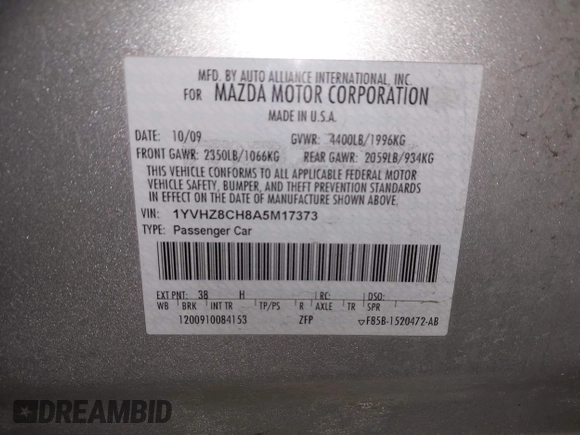 2010 Mazda 6 i Grand Touring with VIN 1YVHZ8CH8A5M17373, listed as a IAAI auction lot 41503099 with 134,157 mi miles and . Bid and sale history available at DreamBid. Image 9.
