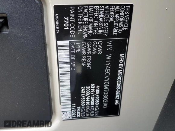 2021 Mercedes-Benz Sprinter with VIN W1Y4ECVY0MT080290, listed as a Copart auction lot 87269454 with 30,092 mi miles and Salvage Title. Bid and sale history available at DreamBid. Image 13.