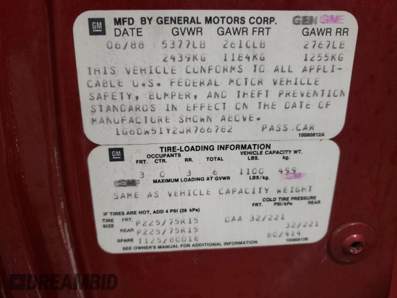 1988 Cadillac Brougham z VIN 1G6DW51Y2JR766782, wystawiony jako Copart lot #83797924 z przebiegiem 63 601 mil mil oraz Szkody całkowita. Historia ofert i sprzedaży dostępna na DreamBid. Obrazek 12.