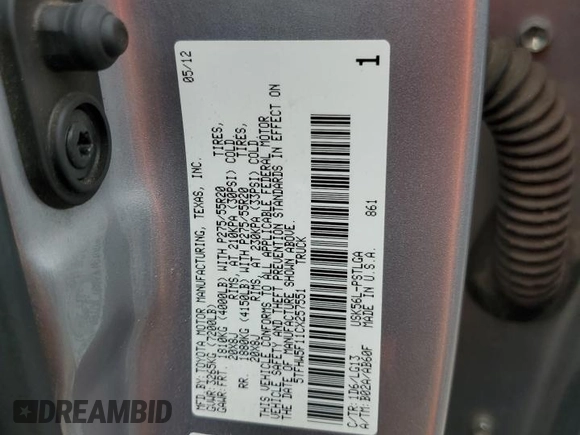2012 Toyota Tundra 4WD Truck LTD with VIN 5TFHW5F11CX257551, listed as a Copart auction lot 79995204 with 0 mi miles and Salvage Title. Bid and sale history available at carsss.com. Image 13.
