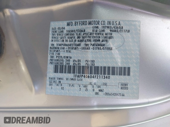 2004 Ford Mustang Standard with VIN 1FAFP40604F211340, listed as a IAAI auction lot 42071445 with Not provided miles and . Bid and sale history available at DreamBid. Image 9.